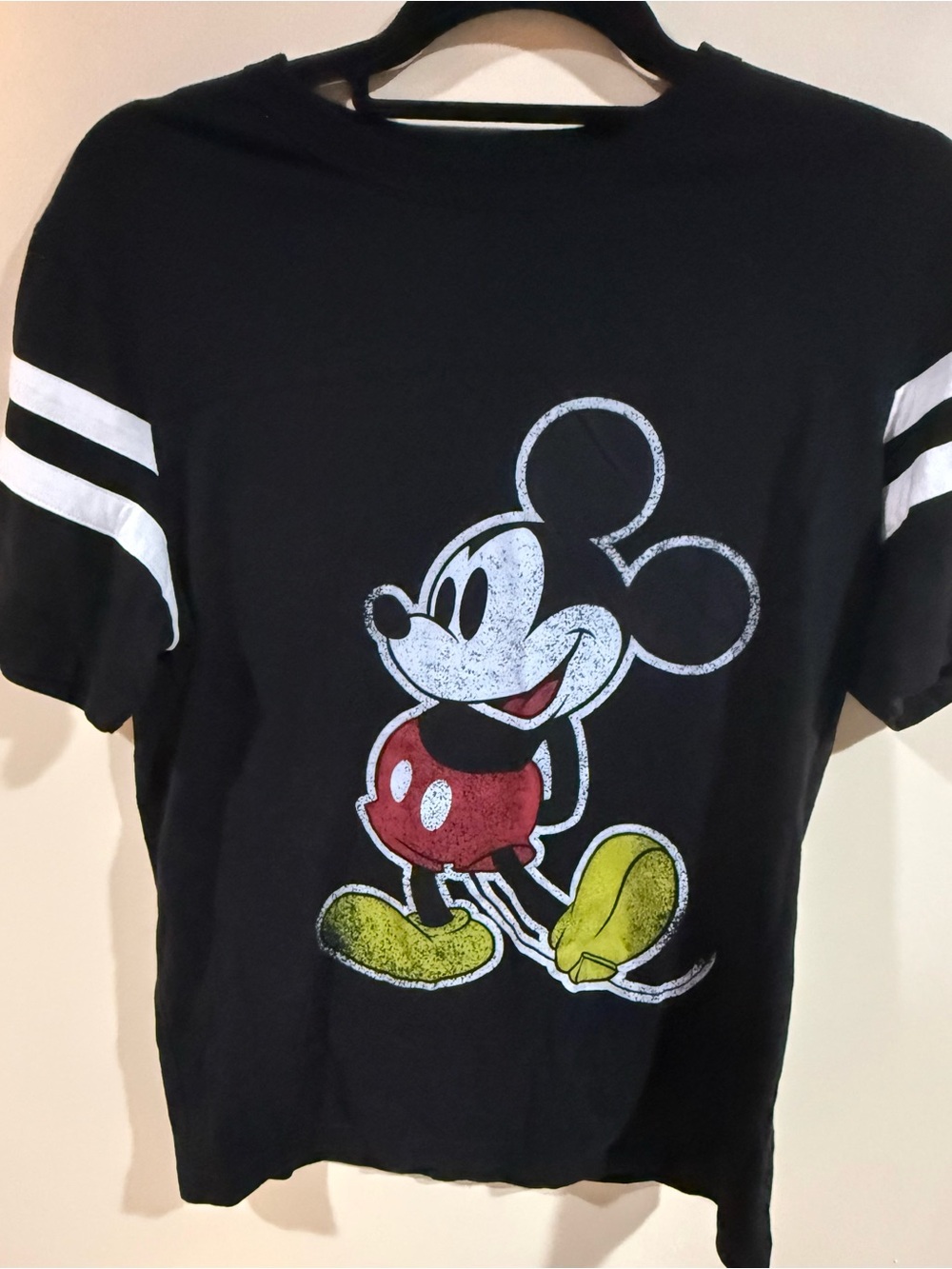 Disney Black Tee with White Sleeve Stripes and Mickey Graphic
